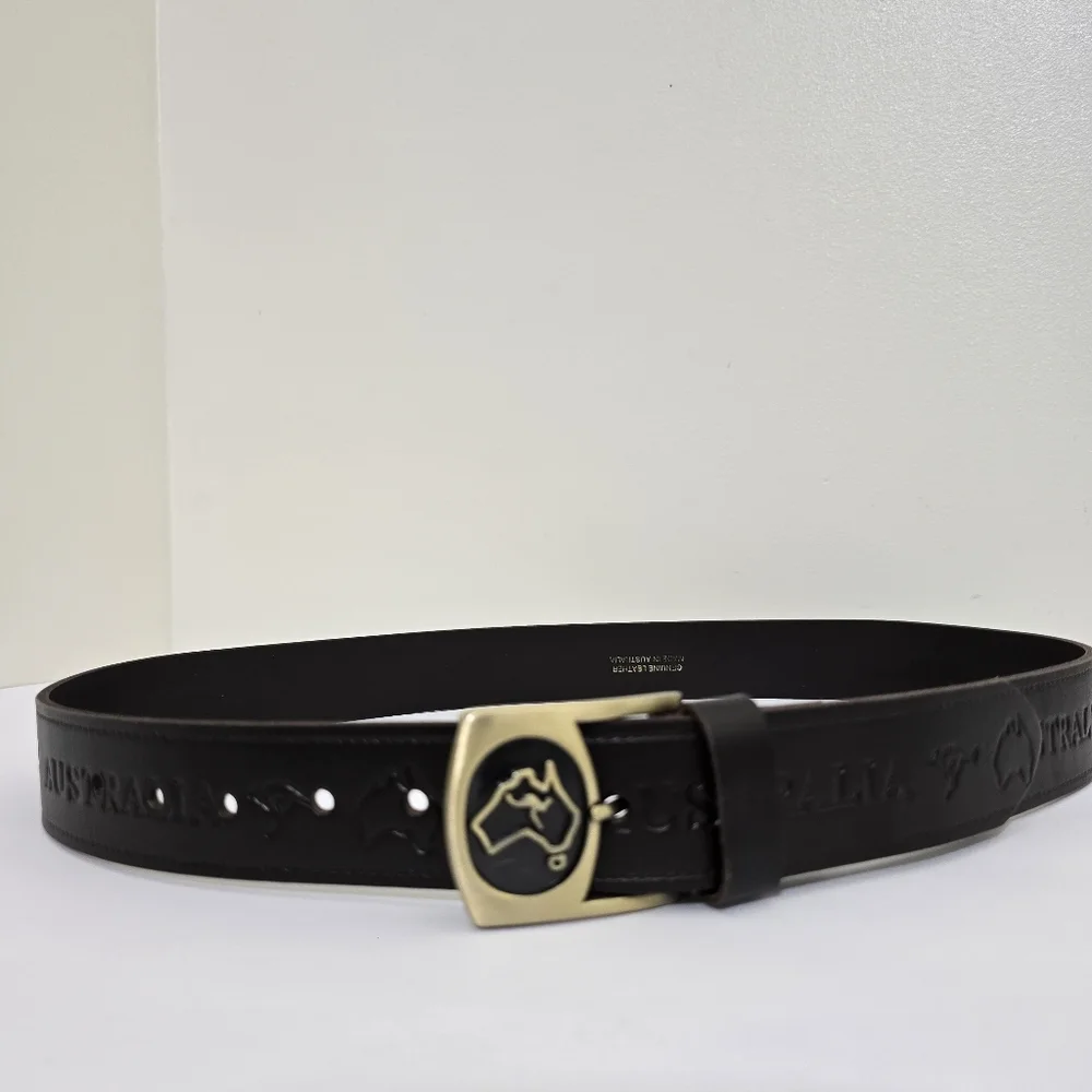 AUSTRALIA‎ belt size 36 Leather Brown Embossed Kangaroo Map Symbols Gold Buckle